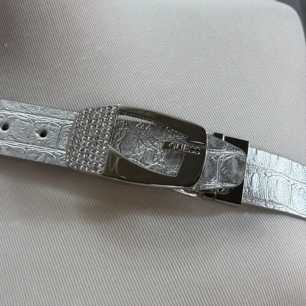 GUESS Silver Belt Rhinestone Buckle Metallic Faux Leather 38- 42 Waist